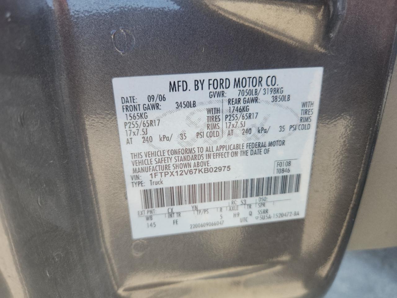 2007 Ford F150 VIN: 1FTPX12V67KB02975 Lot: 80307185