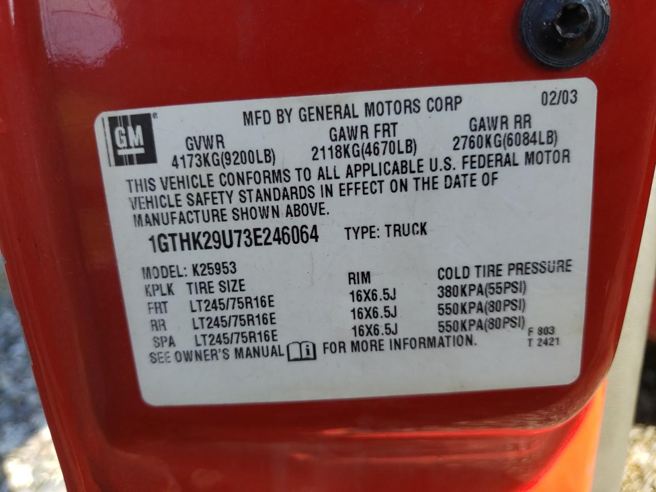 2003 GMC Sierra K2500 Heavy Duty VIN: 1GTHK29U73E246064 Lot: 71450255