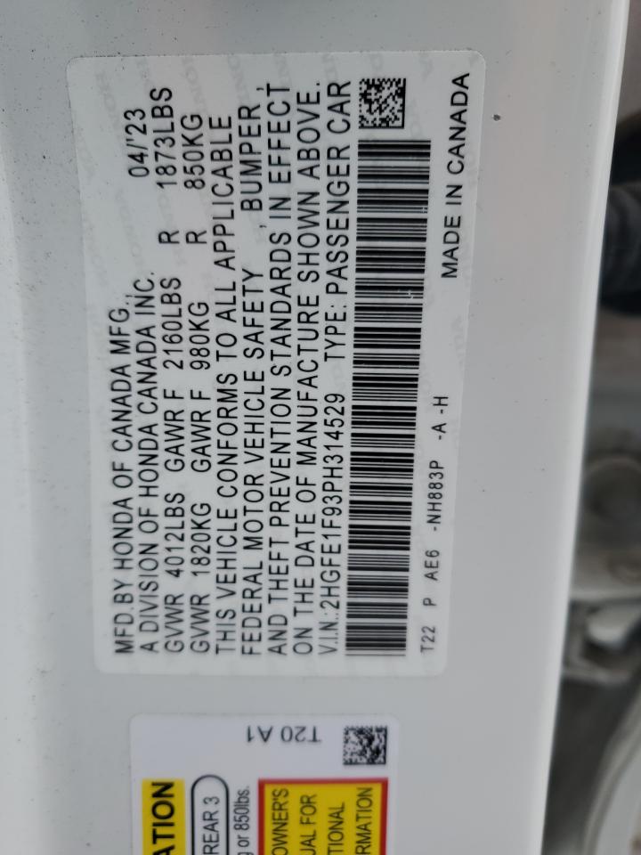 2023 Honda Civic Touring VIN: 2HGFE1F93PH314529 Lot: 81934385