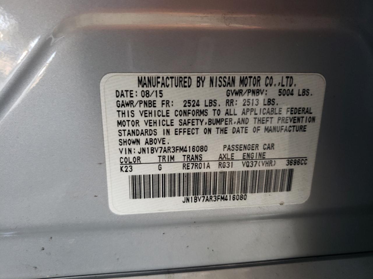2015 Infiniti Q50 Base VIN: JN1BV7AR3FM416080 Lot: 80758005