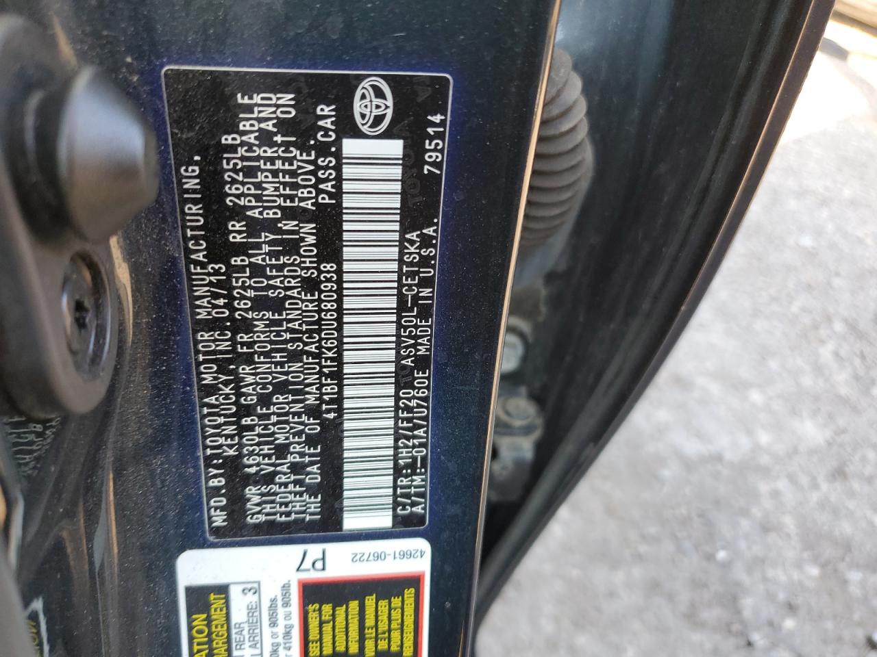 2013 Toyota Camry L VIN: 4T1BF1FK6DU680938 Lot: 70224465
