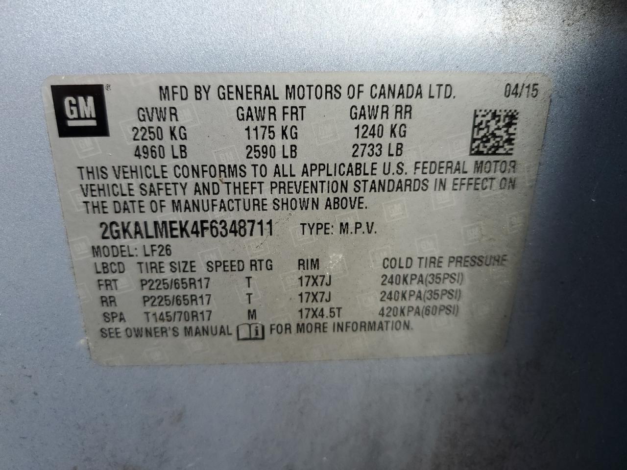 2015 GMC Terrain Sle VIN: 2GKALMEK4F6348711 Lot: 81909895
