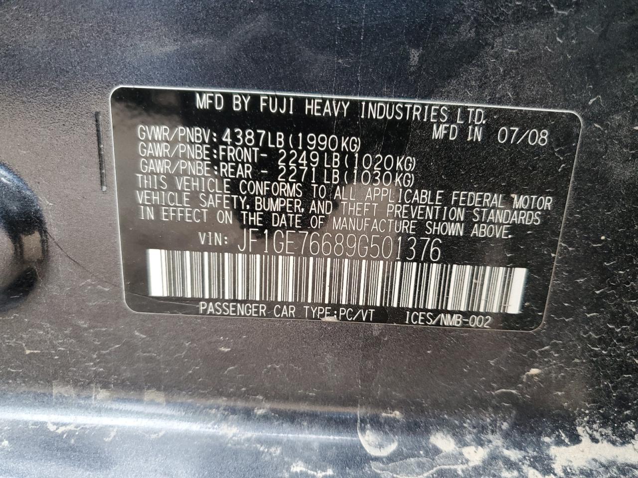 2009 Subaru Impreza Wrx VIN: JF1GE76689G501376 Lot: 71106425