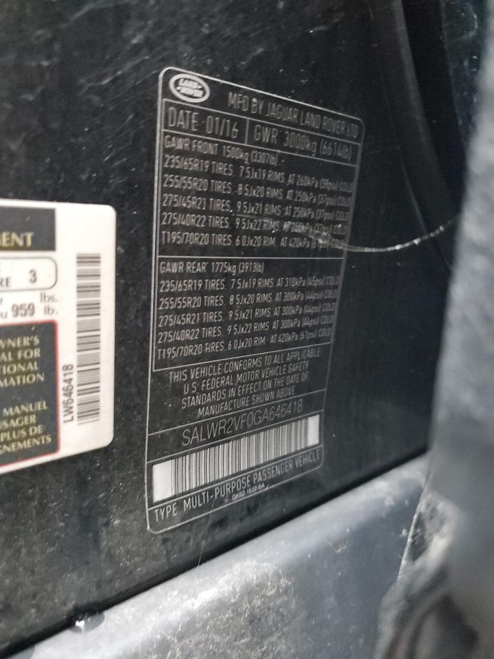 2016 Land Rover Range Rover Sport Hse VIN: SALWR2VF0GA646418 Lot: 84236725