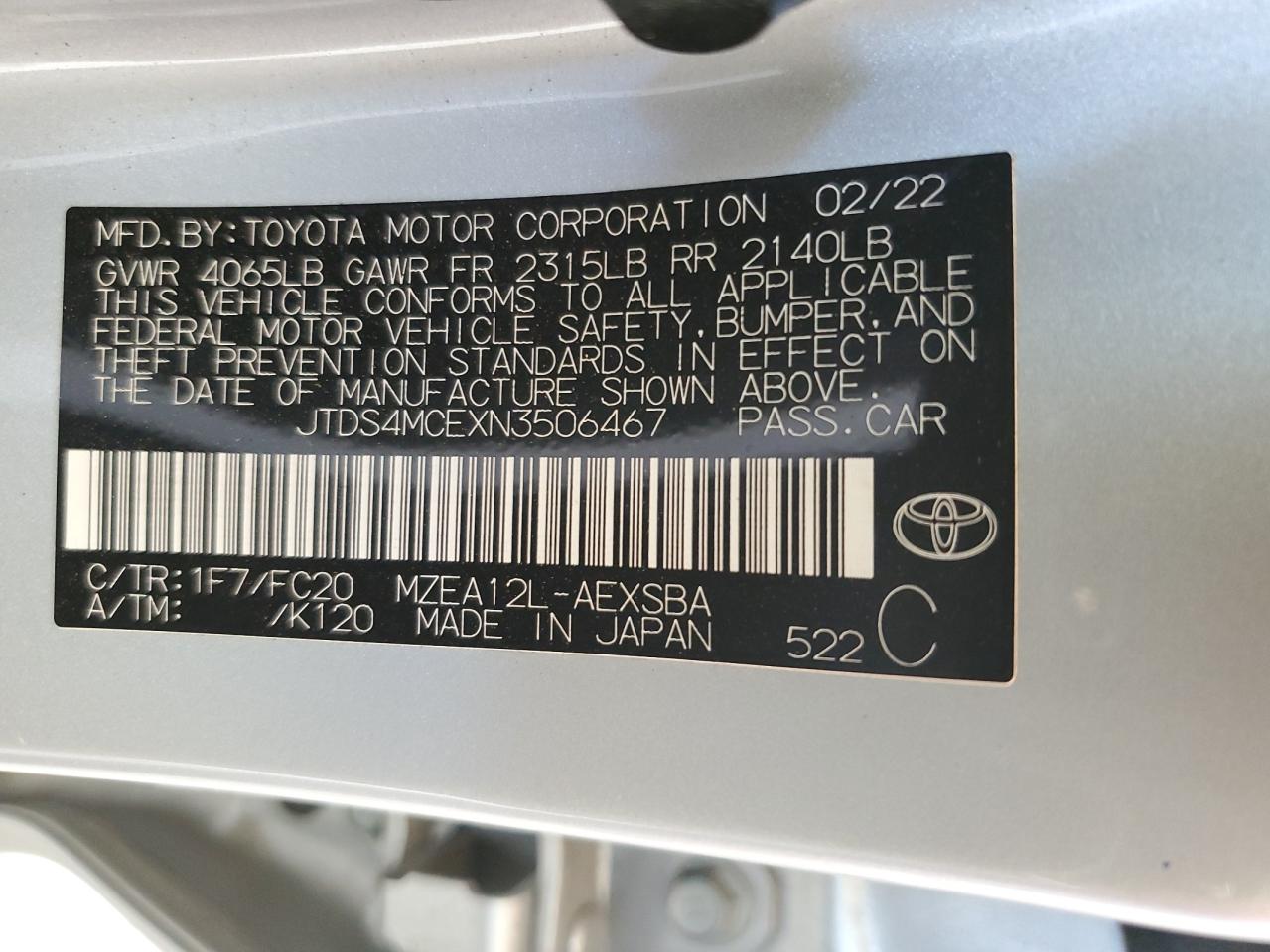 2022 Toyota Corolla Se VIN: JTDS4MCEXN3506467 Lot: 81147625