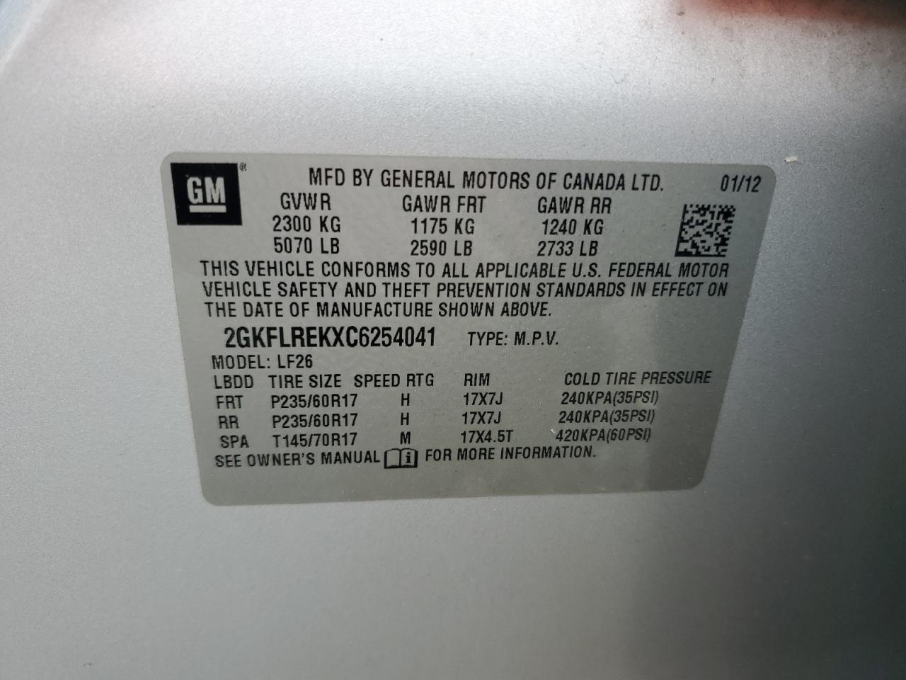 2012 GMC Terrain Sle VIN: 2GKFLREKXC6254041 Lot: 84592205