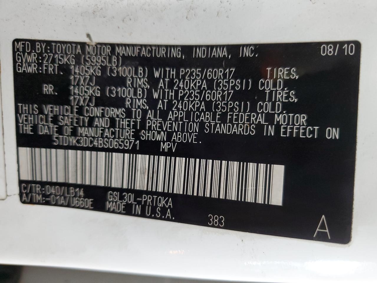 2011 Toyota Sienna Xle VIN: 5TDYK3DC4BS065971 Lot: 81931235