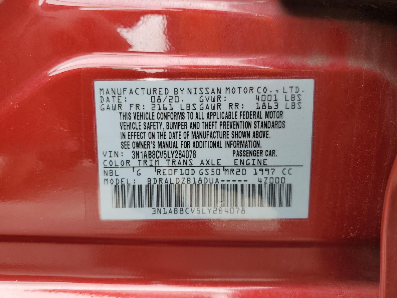 2020 Nissan Sentra Sv VIN: 3N1AB8CV5LY284078 Lot: 81003685