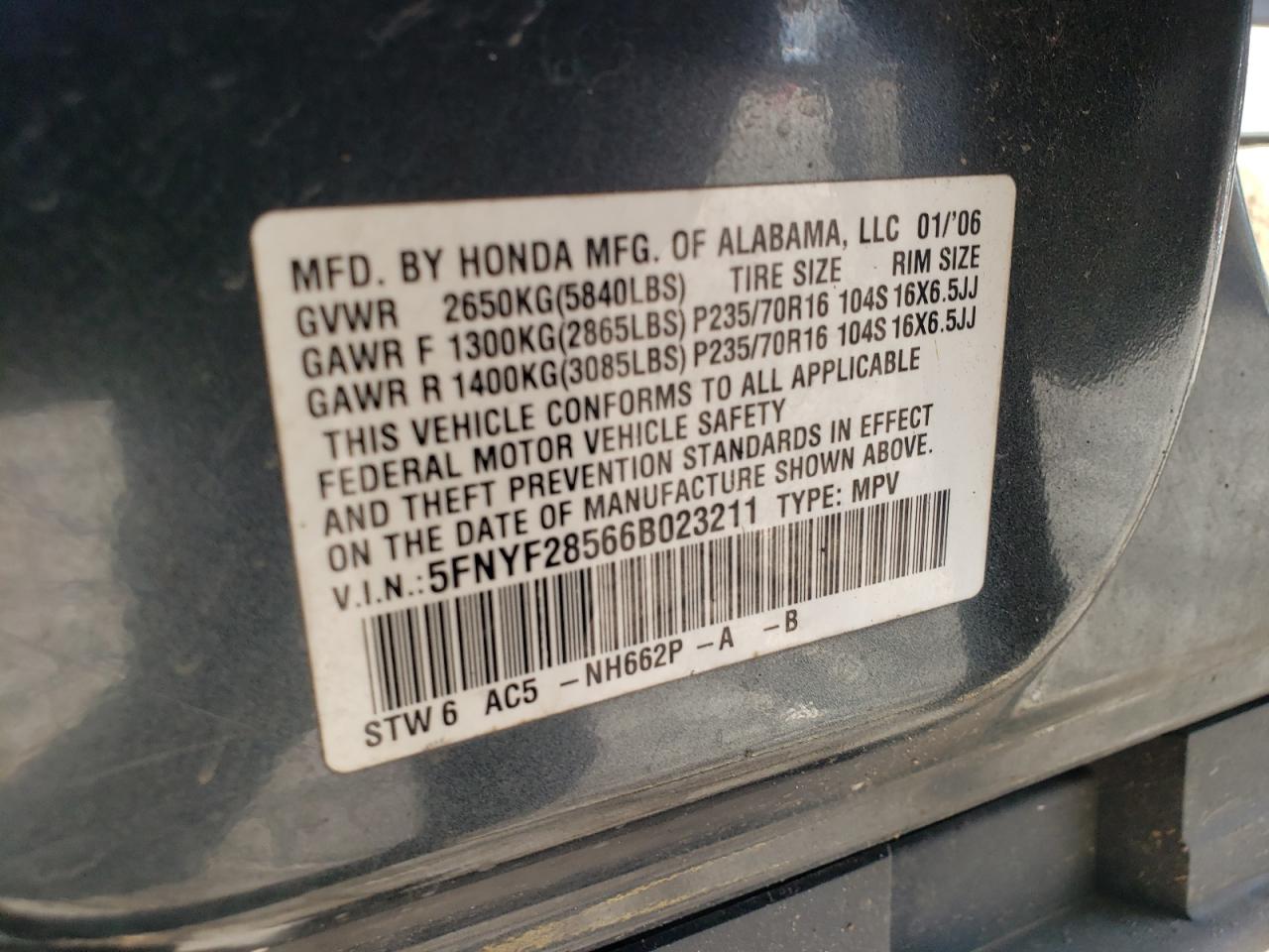 2006 Honda Pilot Ex VIN: 5FNYF28566B023211 Lot: 84813075