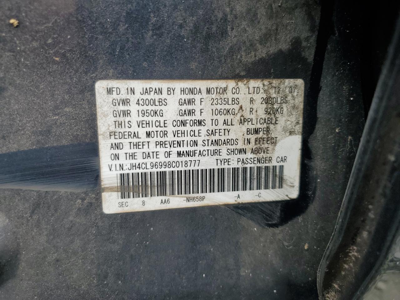 2008 Acura Tsx VIN: JH4CL96998C018777 Lot: 81771255