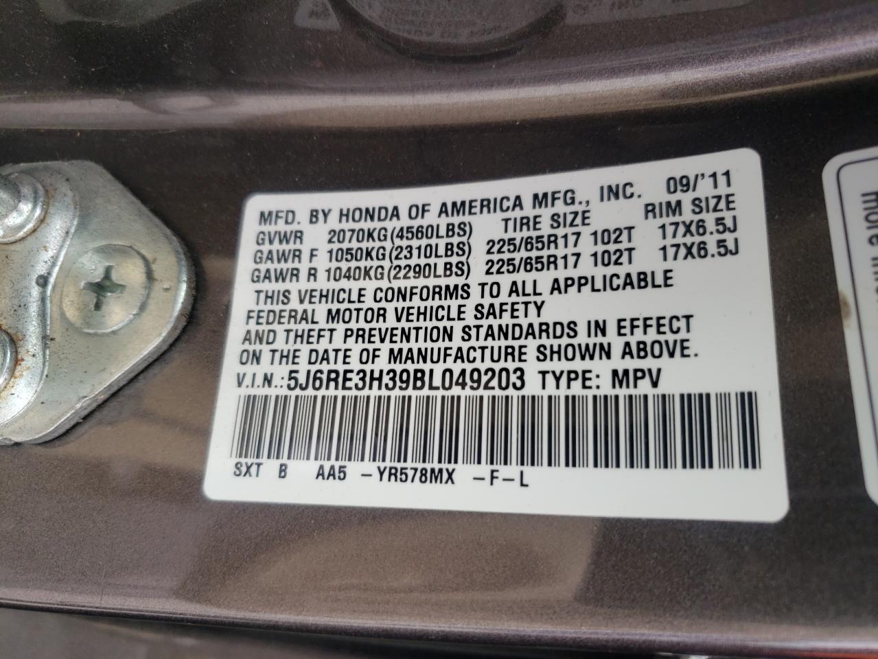 2011 Honda Cr-V Lx VIN: 5J6RE3H39BL049203 Lot: 80300975