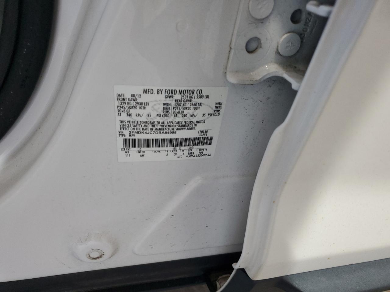 2013 Ford Edge Sel VIN: 2FMDK4JC7DBA84958 Lot: 81641225