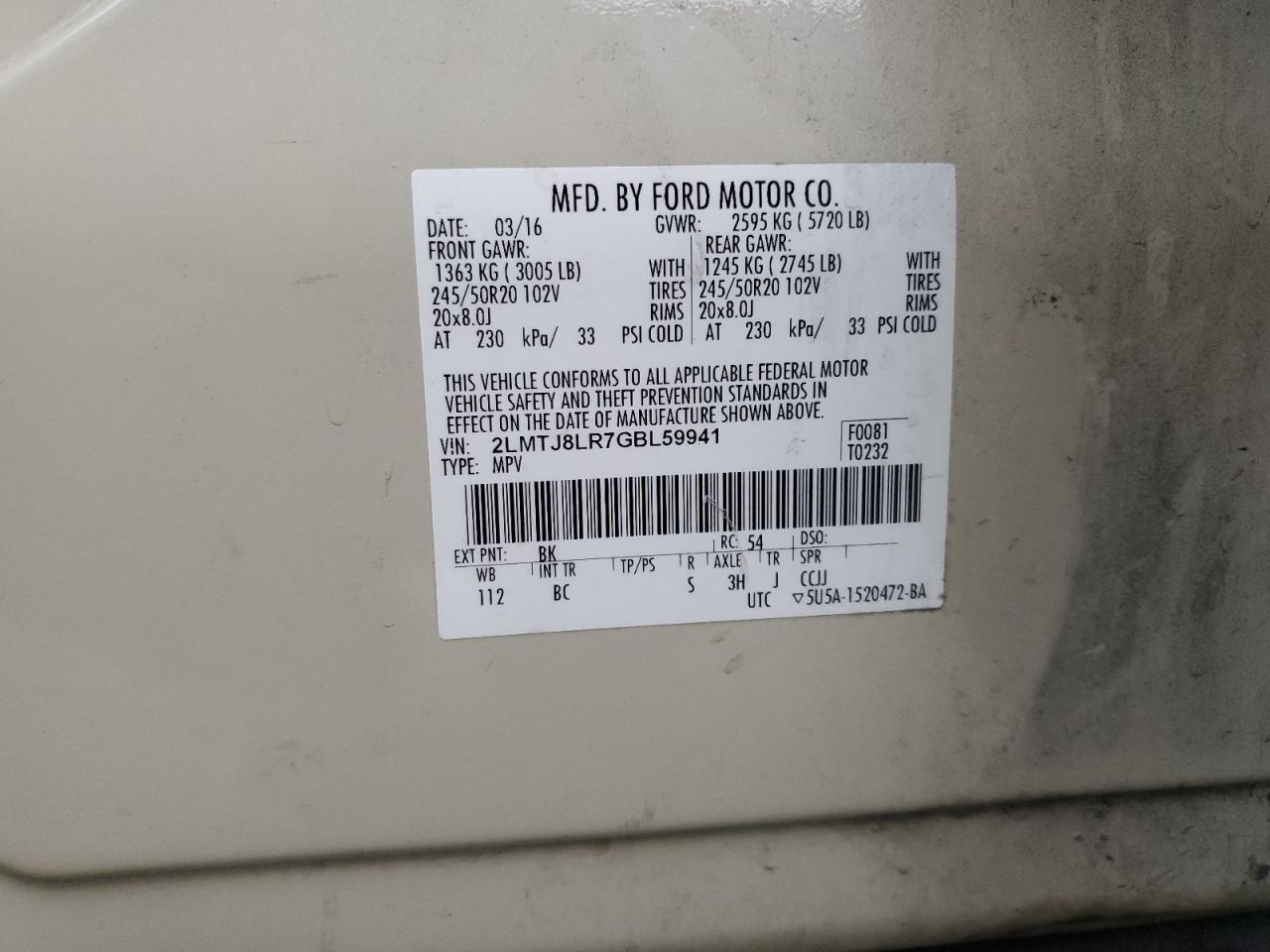 2016 Lincoln Mkx Reserve VIN: 2LMTJ8LR7GBL59941 Lot: 83959425