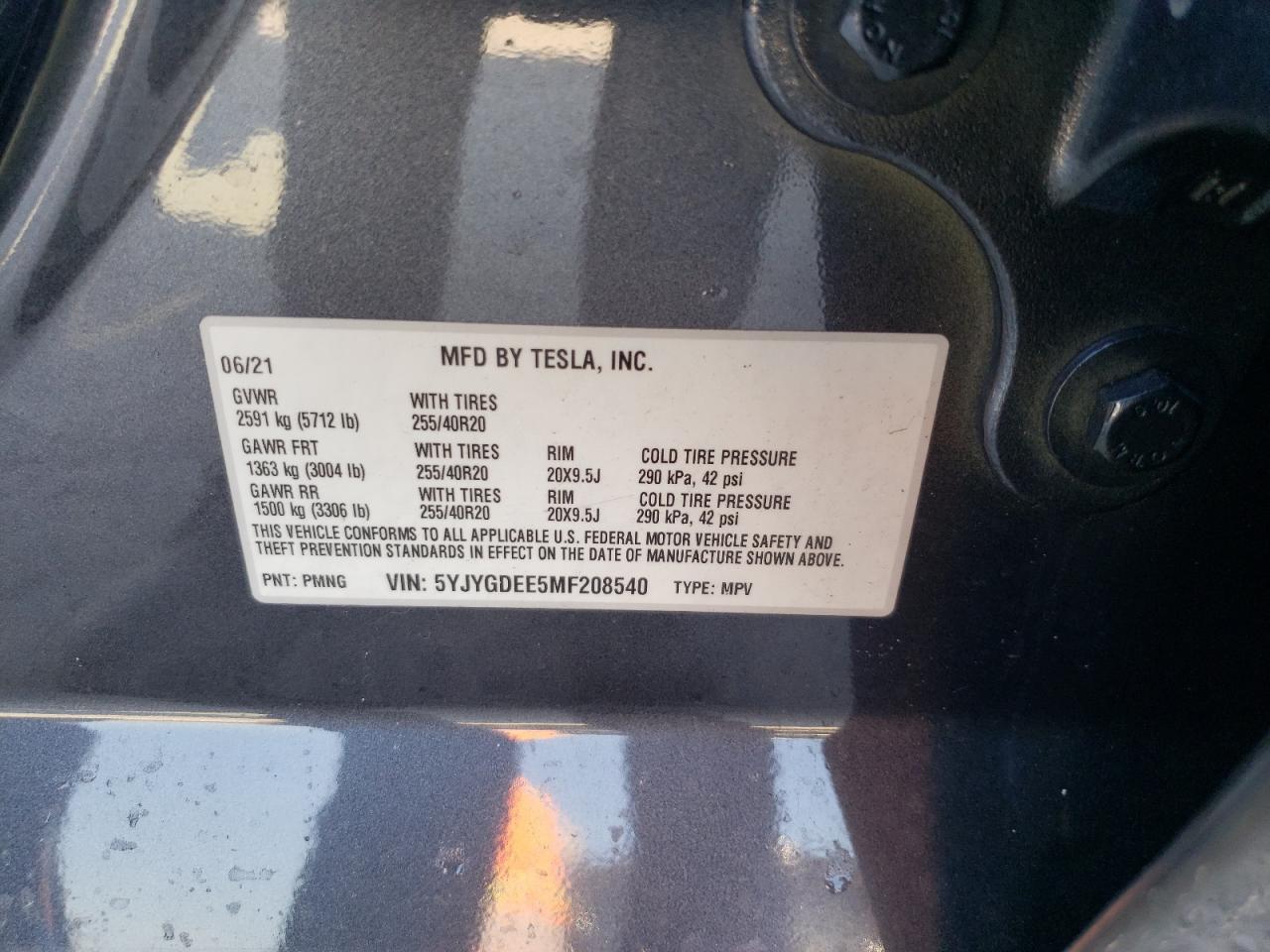 2021 Tesla Model Y VIN: 5YJYGDEE5MF208540 Lot: 81041025