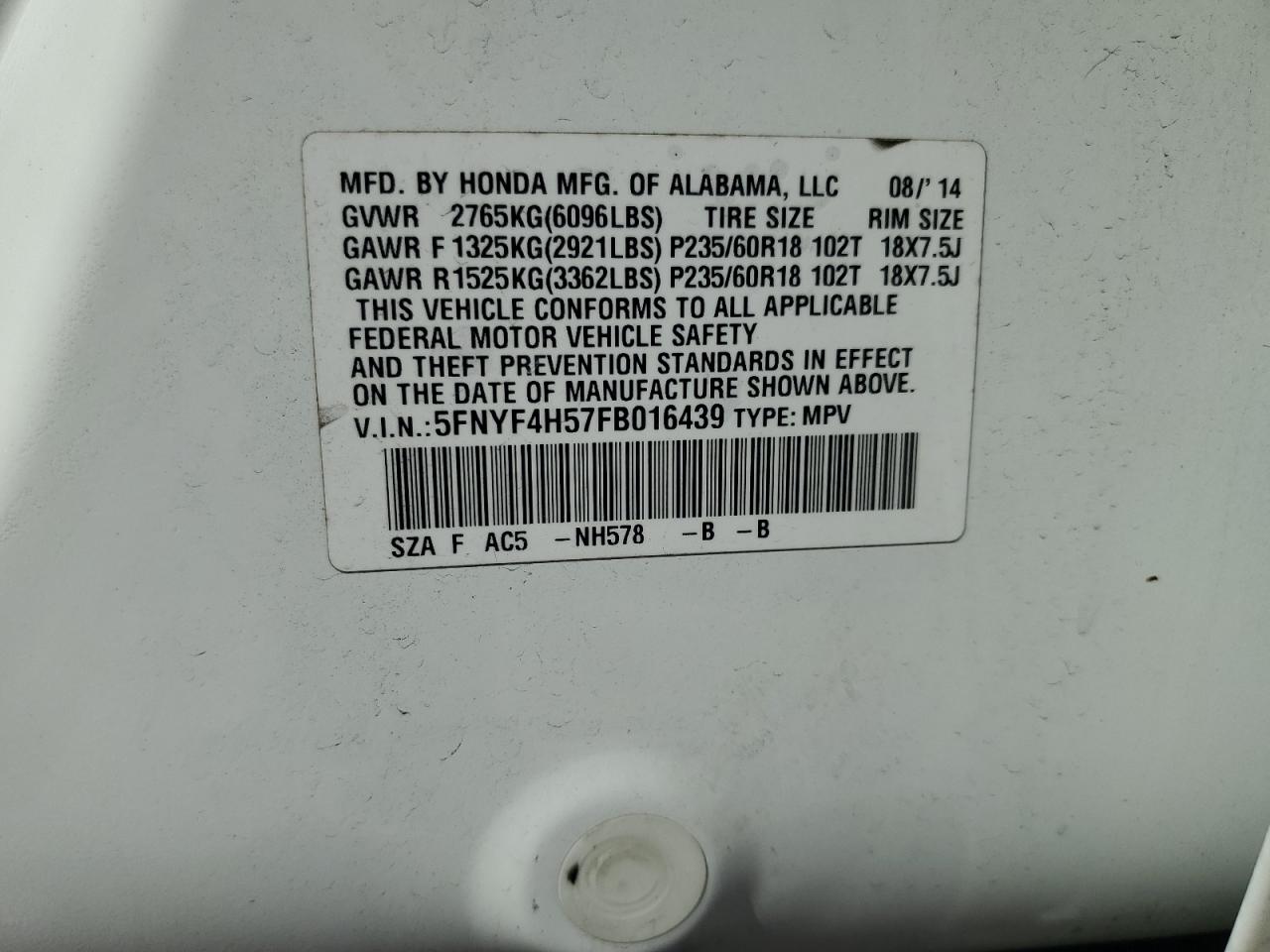 2015 Honda Pilot Exl VIN: 5FNYF4H57FB016439 Lot: 80254415