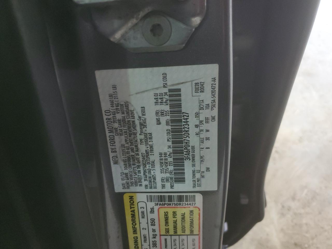 2013 Ford Fusion Se VIN: 3FA6P0H75DR234427 Lot: 95131325