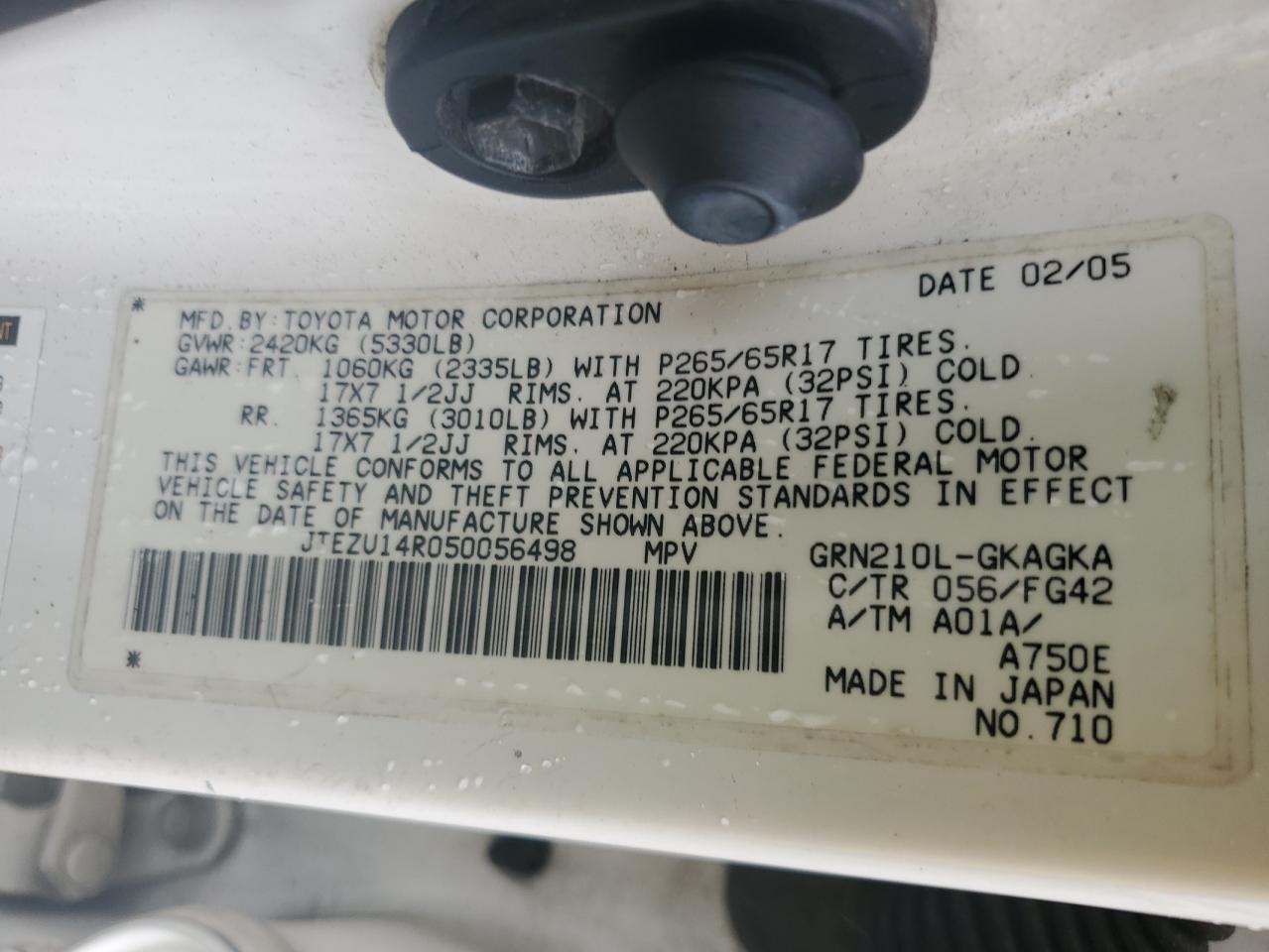 2005 Toyota 4Runner Sr5 VIN: JTEZU14R050056498 Lot: 83946875