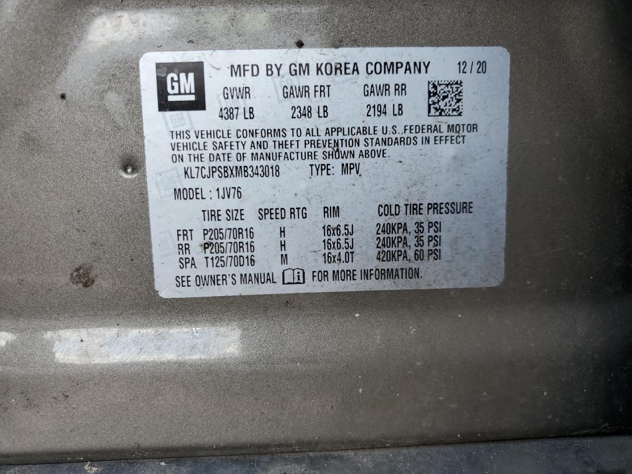 2021 Chevrolet Trax 1Lt VIN: KL7CJPSBXMB343018 Lot: 80080765