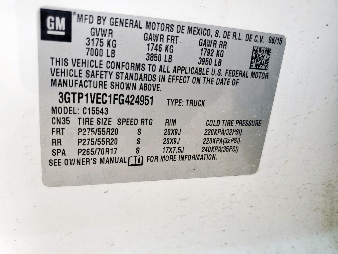 2015 GMC Sierra C1500 Slt VIN: 3GTP1VEC1FG424951 Lot: 81160055