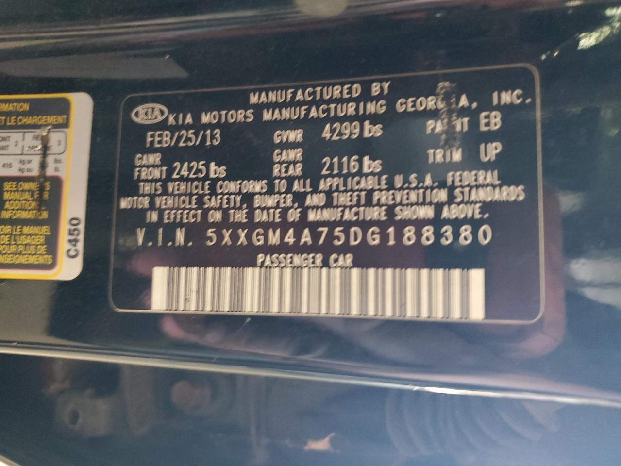 2013 Kia Optima Lx VIN: 5XXGM4A75DG188380 Lot: 81125985