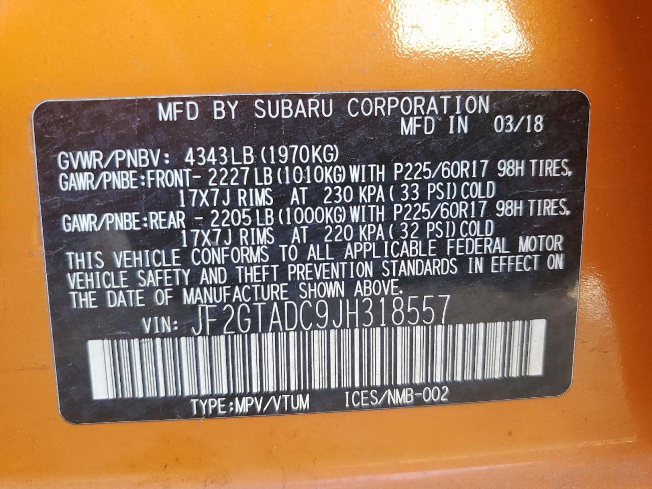 2018 Subaru Crosstrek Premium VIN: JF2GTADC9JH318557 Lot: 81399185