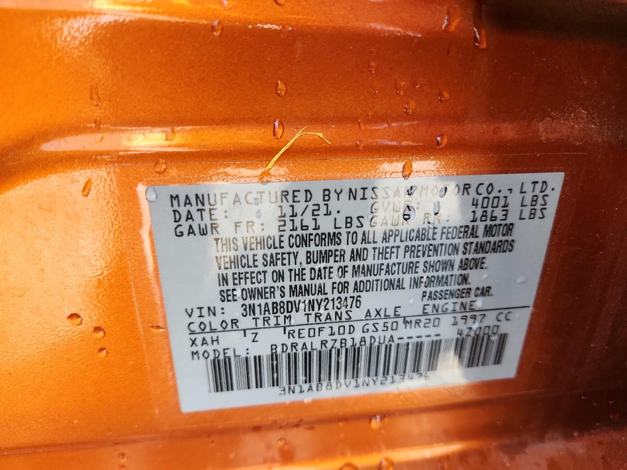 2022 Nissan Sentra Sr VIN: 3N1AB8DV1NY213476 Lot: 71660695
