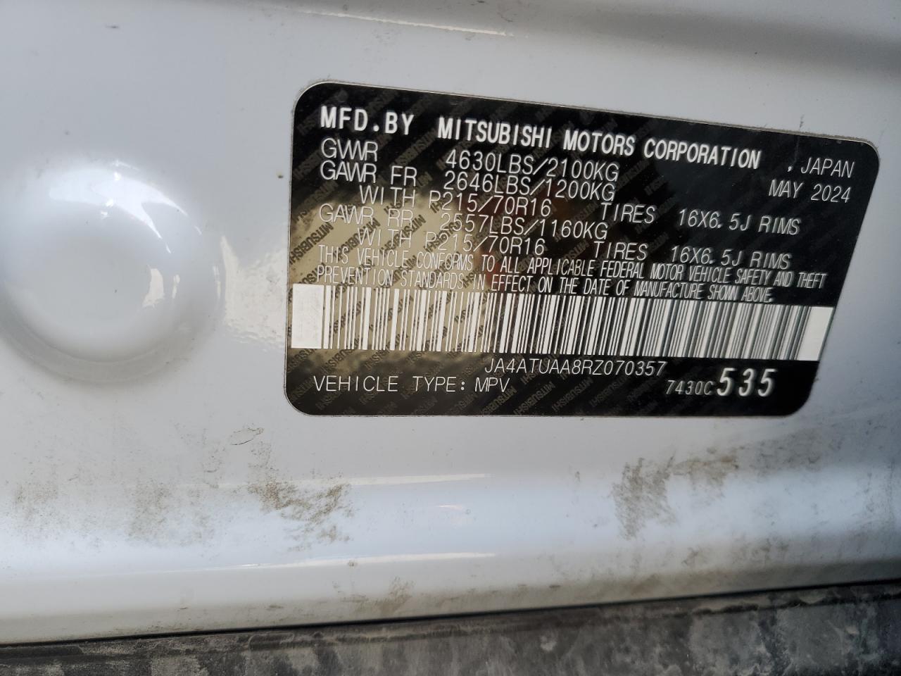 2024 Mitsubishi Eclipse Cross Es VIN: JA4ATUAA8RZ070357 Lot: 81191585