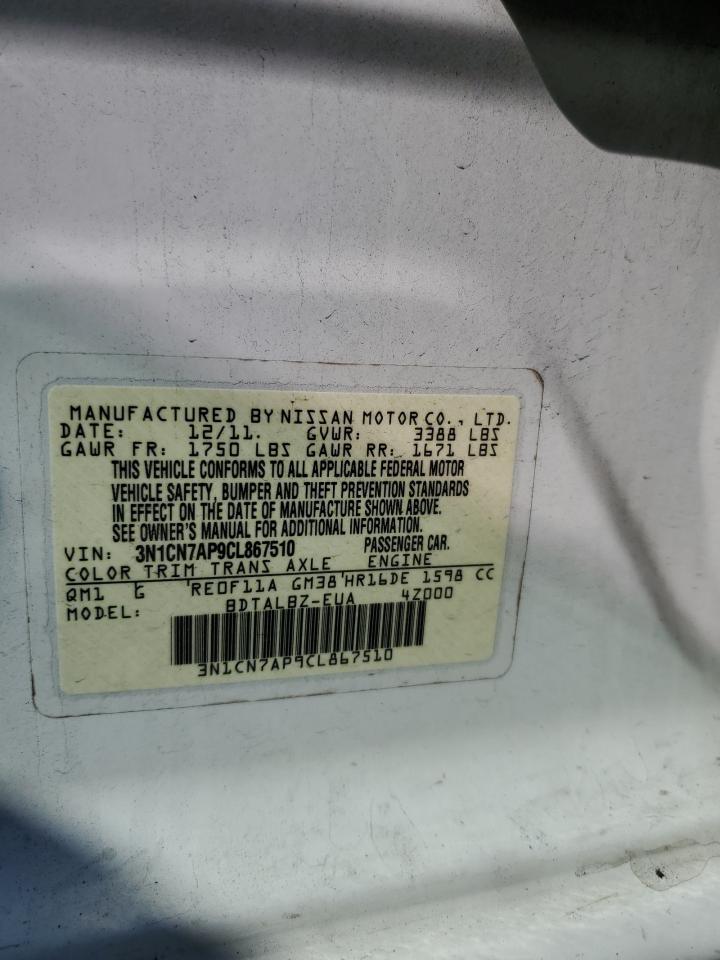 2012 Nissan Versa S VIN: 3N1CN7AP9CL867510 Lot: 82135455