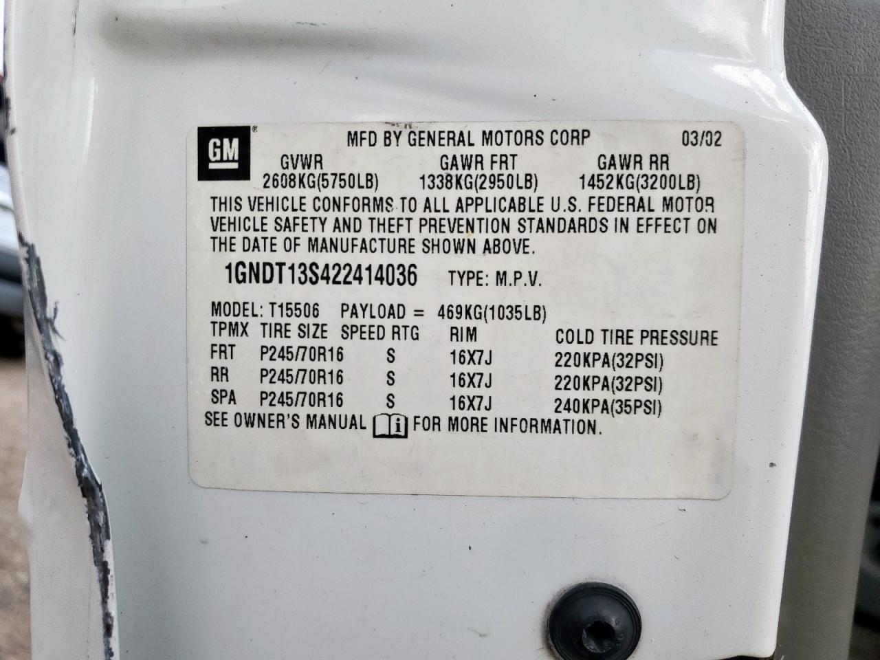 2002 Chevrolet Trailblazer VIN: 1GNDT13S422414036 Lot: 71214575