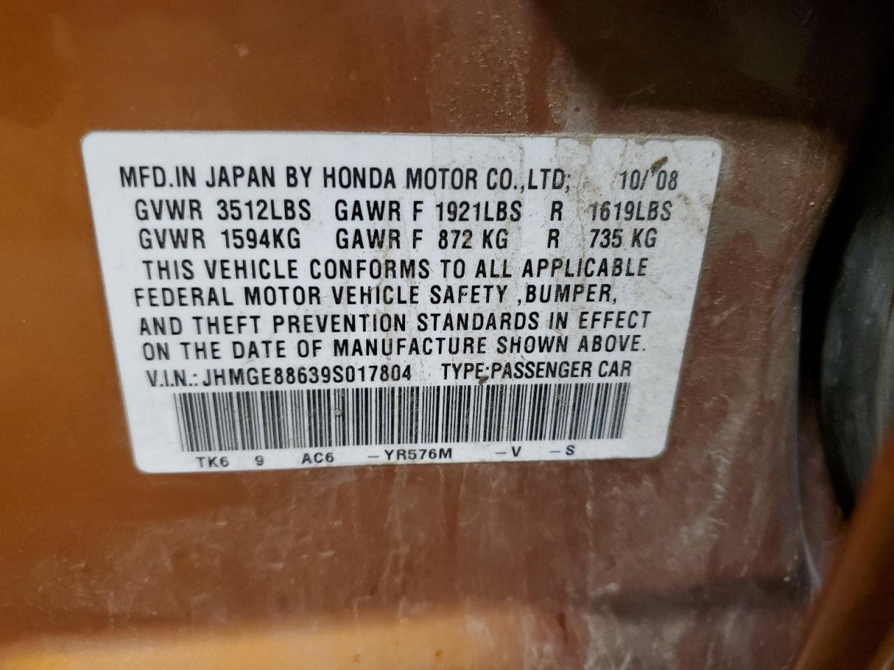 2009 Honda Fit Sport VIN: JHMGE88639S017804 Lot: 81888125