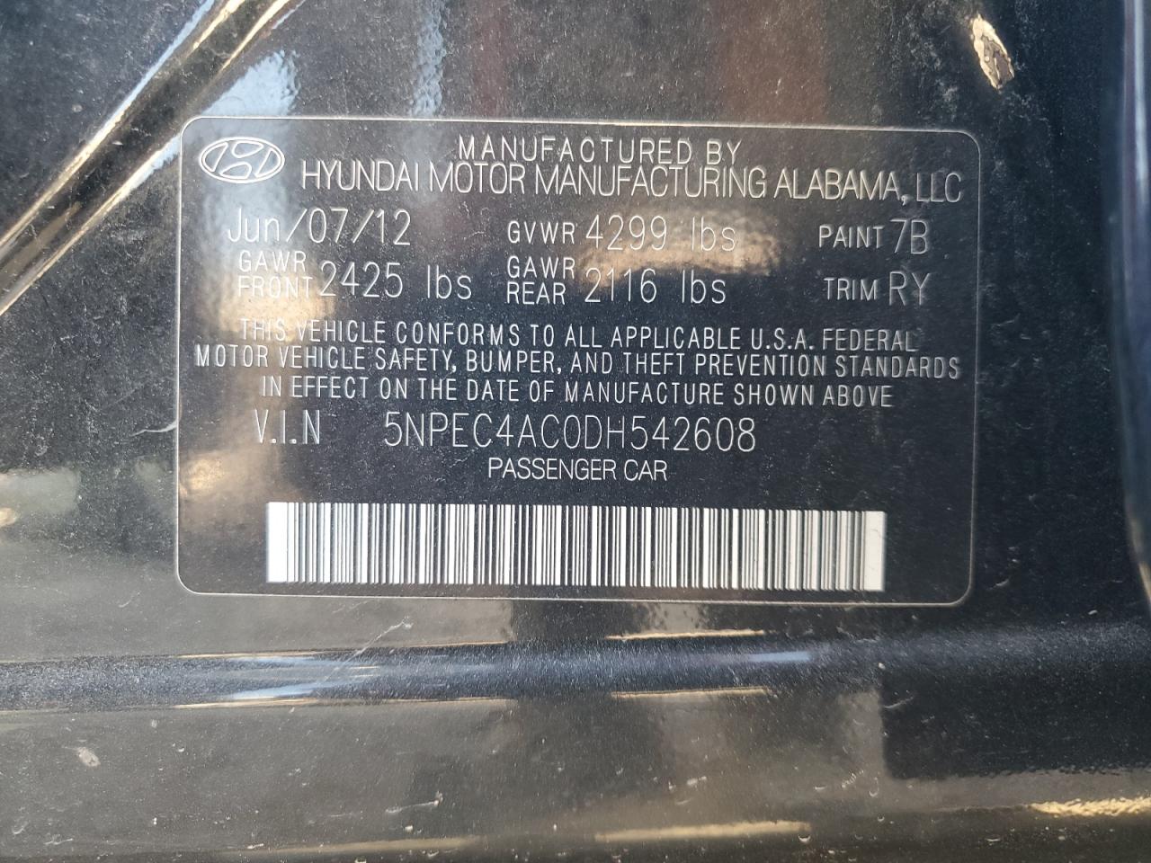 2013 Hyundai Sonata Se VIN: 5NPEC4AC0DH542608 Lot: 80126515