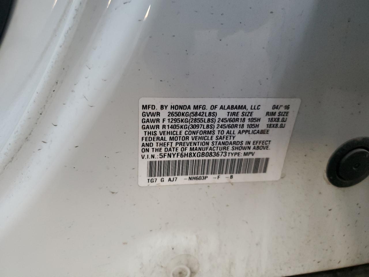 2016 Honda Pilot Exl VIN: 5FNYF6H8XGB083673 Lot: 84164935