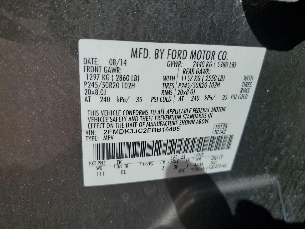 2014 Ford Edge Sel VIN: 2FMDK3JC2EBB16405 Lot: 82136695