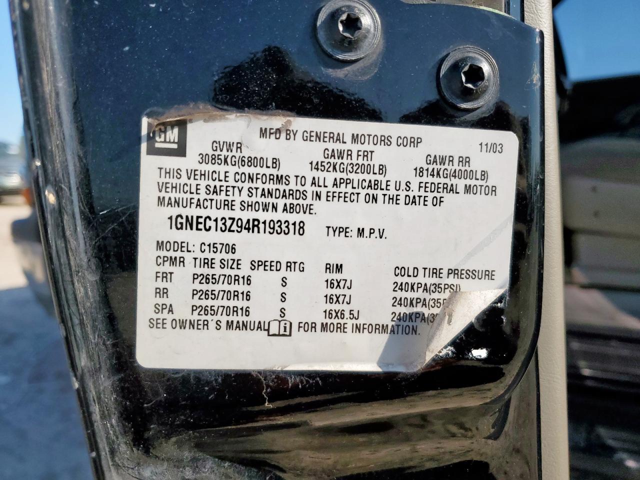 2004 Chevrolet Tahoe C1500 VIN: 1GNEC13Z94R193318 Lot: 80327265