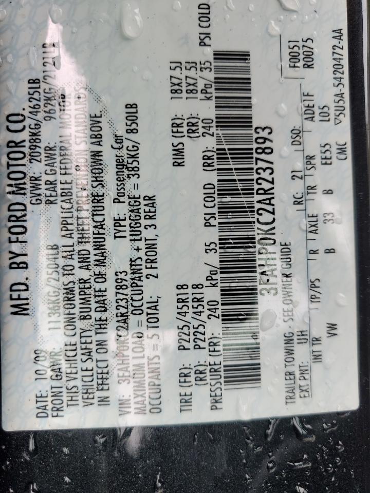 2010 Ford Fusion Sport VIN: 3FAHP0KC2AR237893 Lot: 81958505