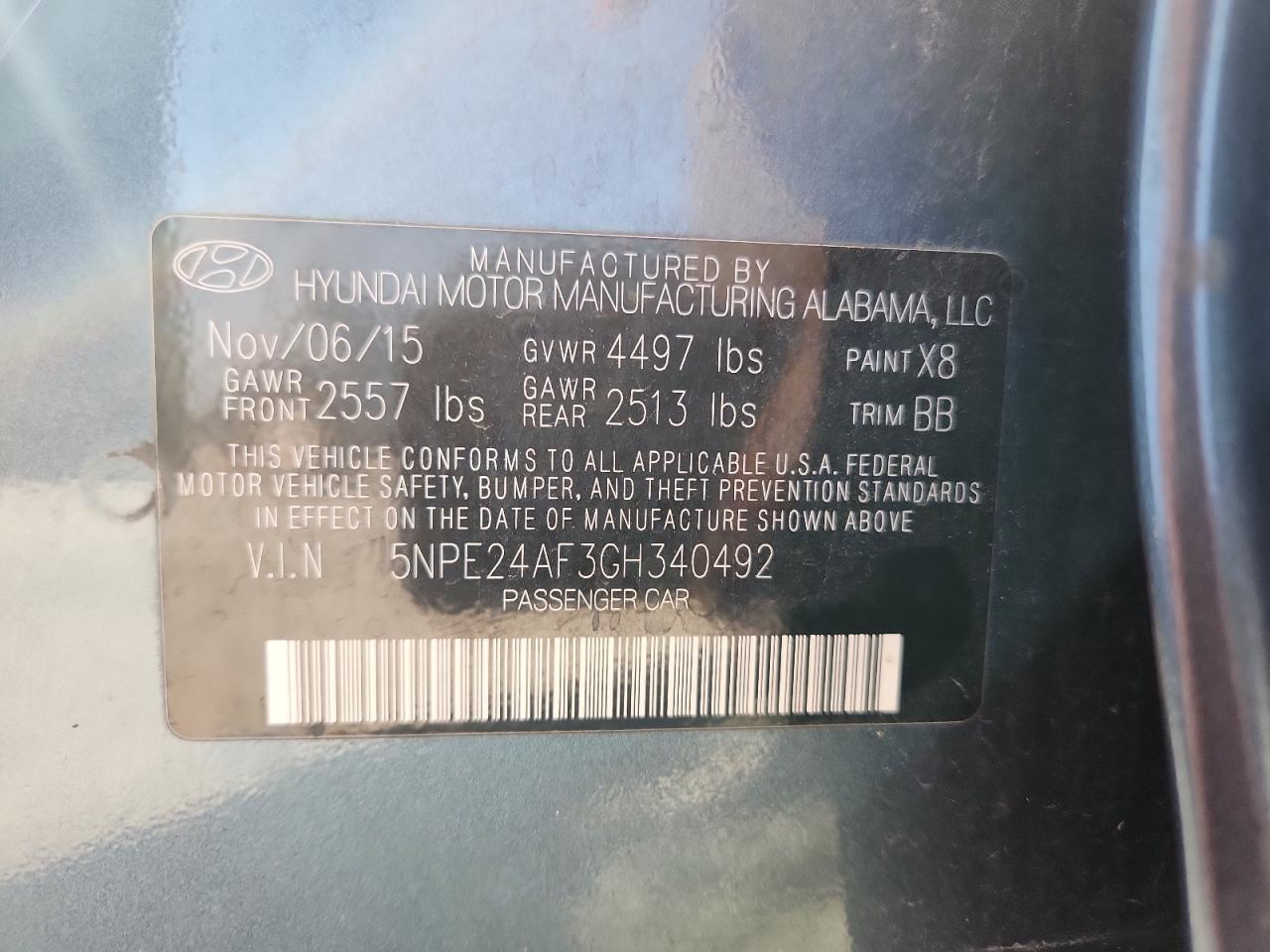 2016 Hyundai Sonata Se VIN: 5NPE24AF3GH340492 Lot: 72012745