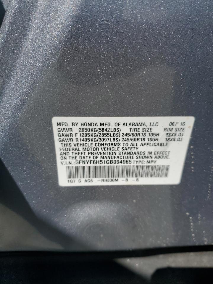 2016 Honda Pilot Exl VIN: 5FNYF6H51GB094065 Lot: 83865145