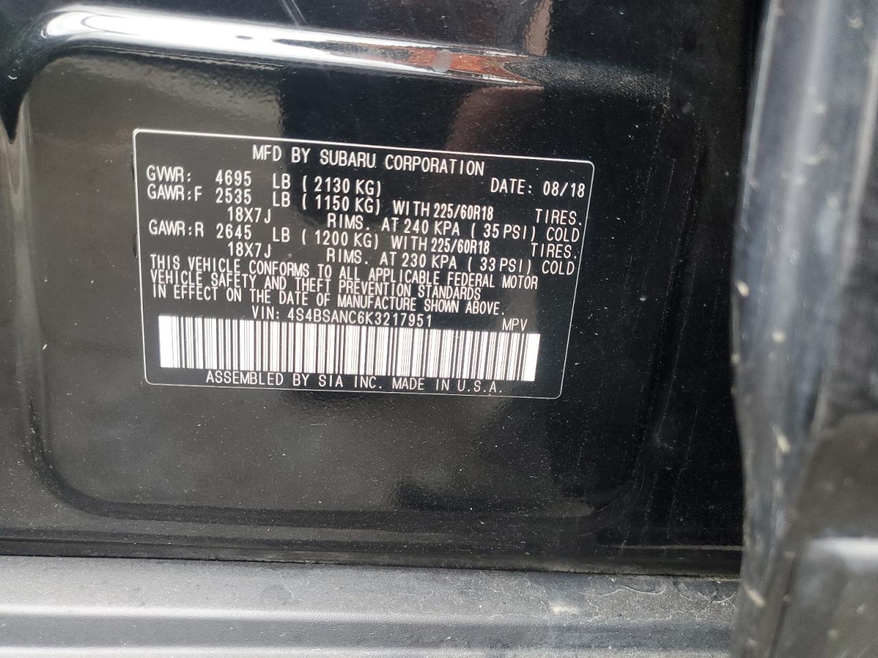 2019 Subaru Outback 2.5I Limited VIN: 4S4BSANC6K3217951 Lot: 81630165