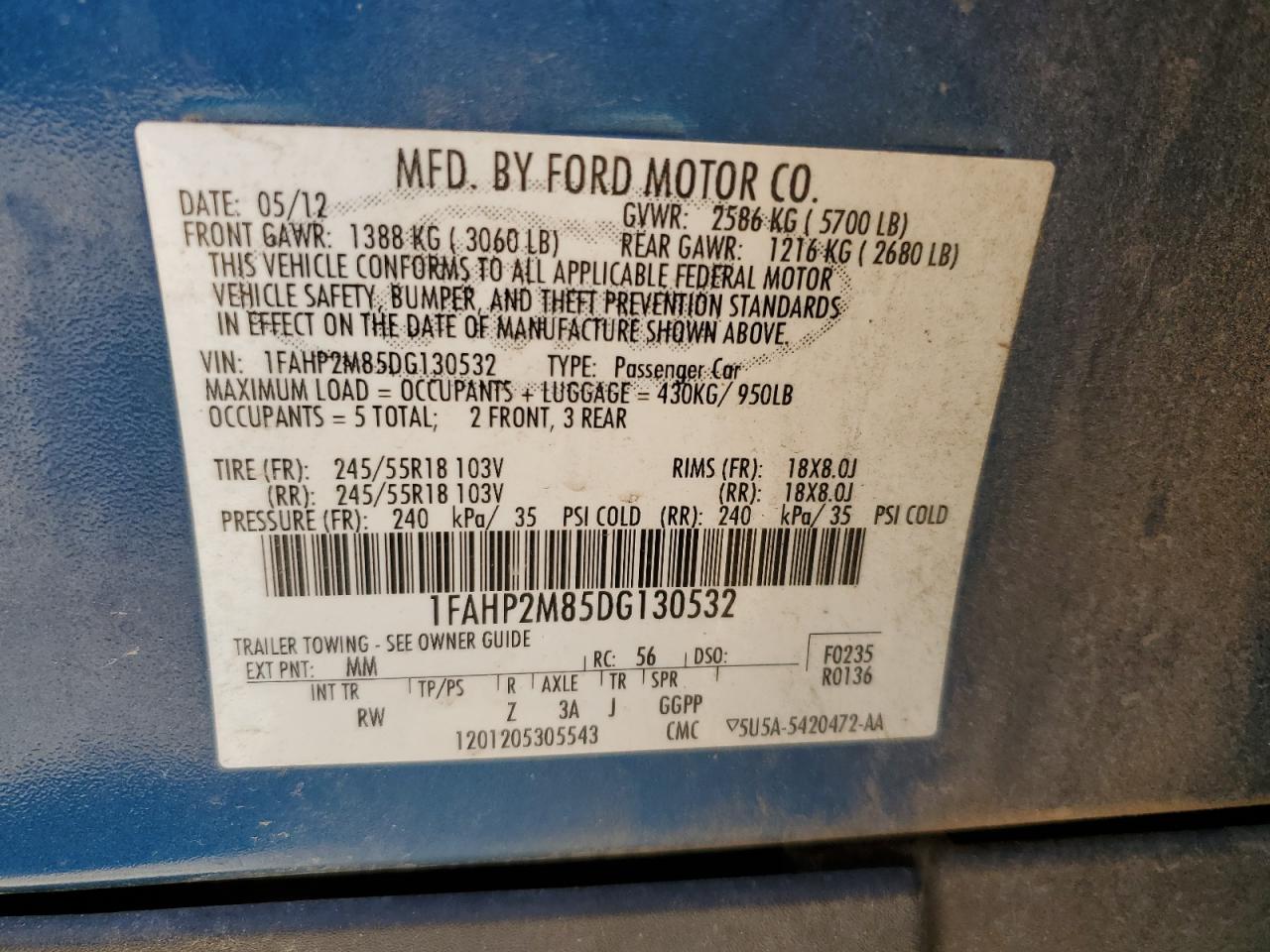 2013 Ford Taurus Police Interceptor VIN: 1FAHP2M85DG130532 Lot: 69399685