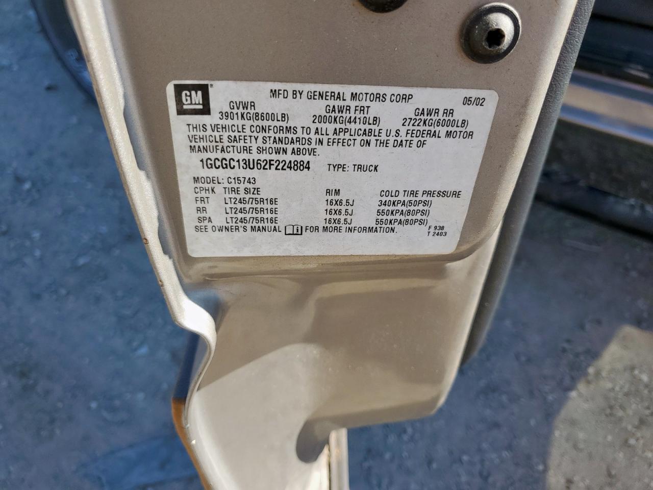 2002 Chevrolet Silverado C1500 Heavy Duty VIN: 1GCGC13U62F224884 Lot: 84391845