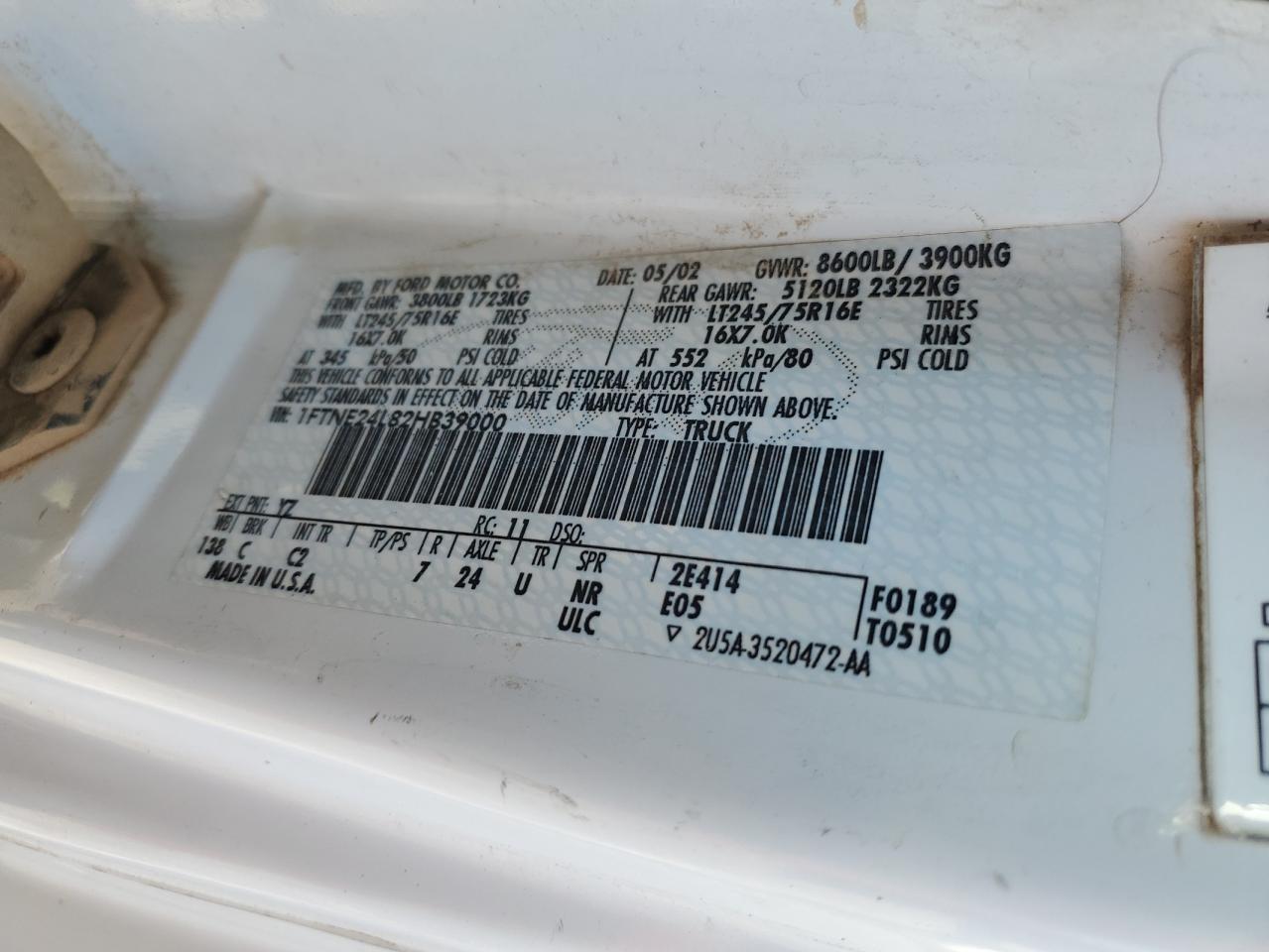 2002 Ford Econoline E250 Van VIN: 1FTNE24L82HB39000 Lot: 82122225