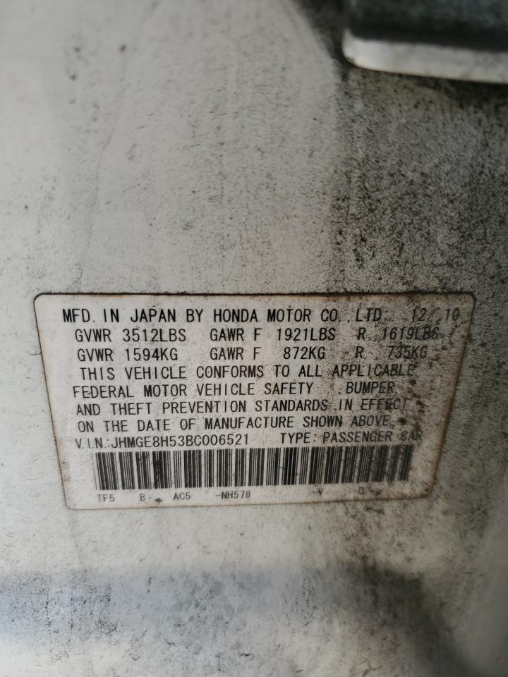 2011 Honda Fit Sport VIN: JHMGE8H53BC006521 Lot: 80671845