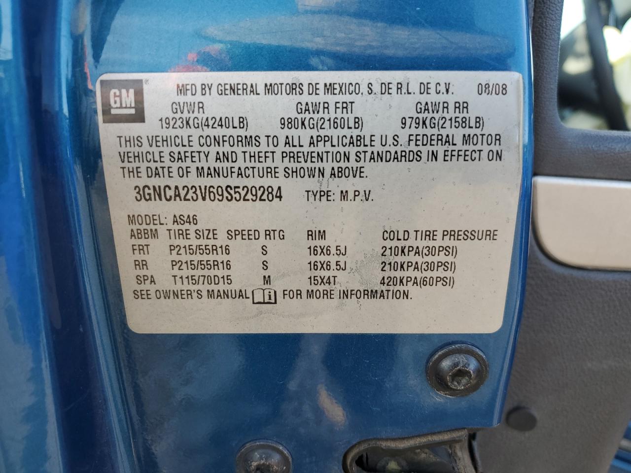 2009 Chevrolet Hhr Lt VIN: 3GNCA23V69S529284 Lot: 81870575