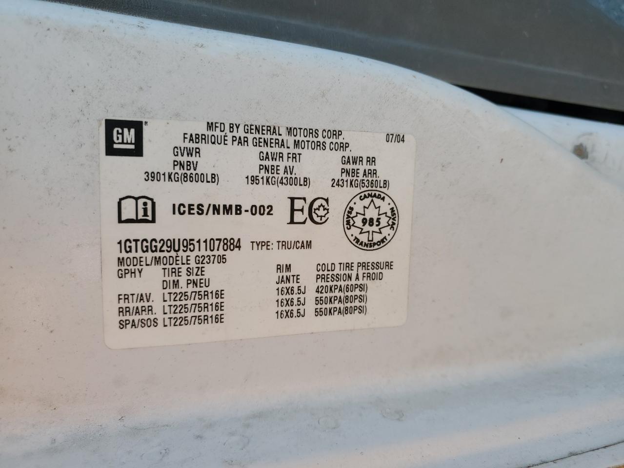 2005 GMC Savana G2500 VIN: 1GTGG29U951107884 Lot: 80427815