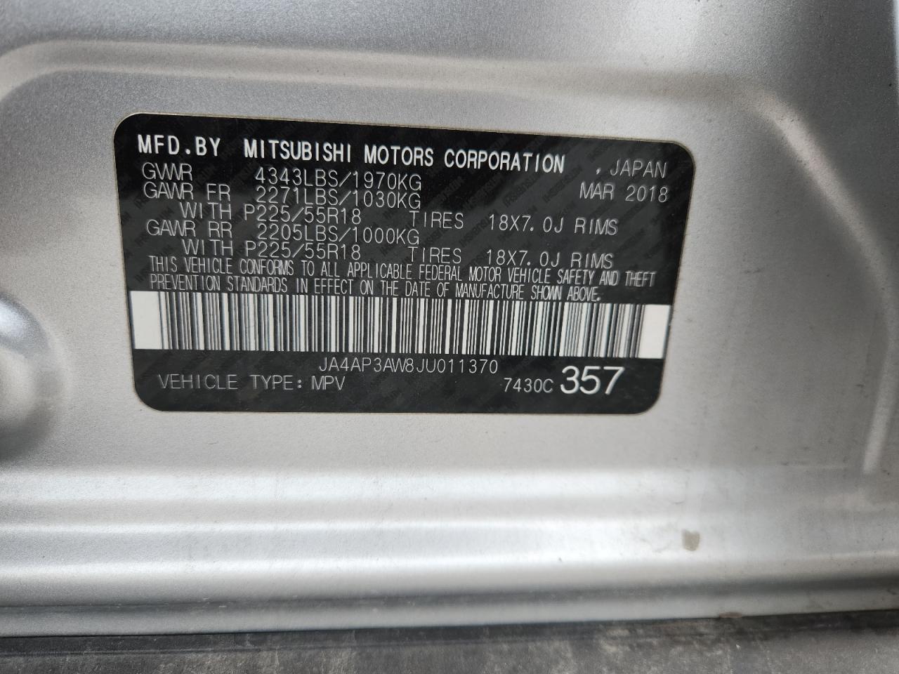 2018 Mitsubishi Outlander Sport Es VIN: JA4AP3AW8JU011370 Lot: 81581325