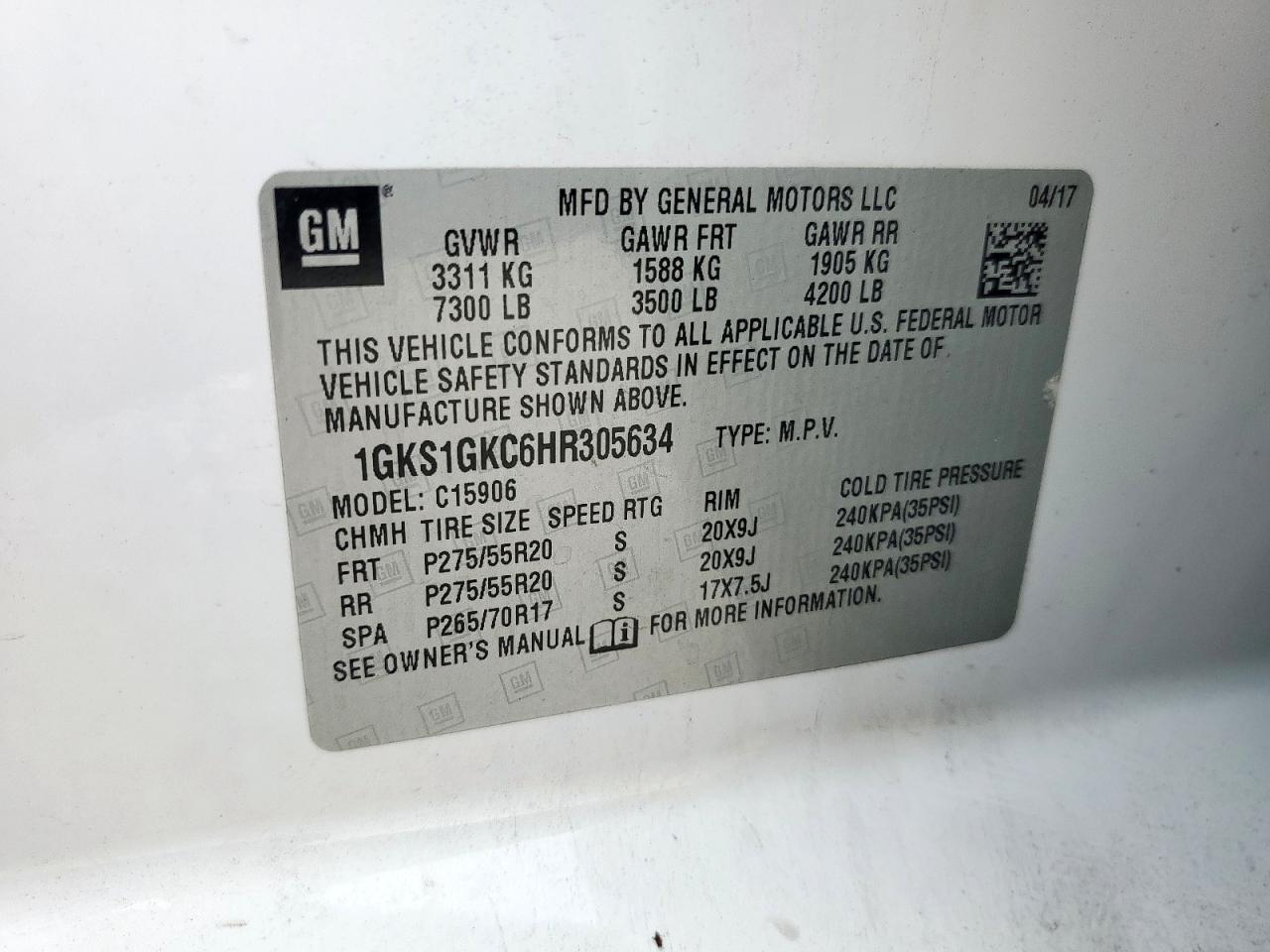 2017 GMC Yukon Xl C1500 Slt VIN: 1GKS1GKC6HR305634 Lot: 71068635