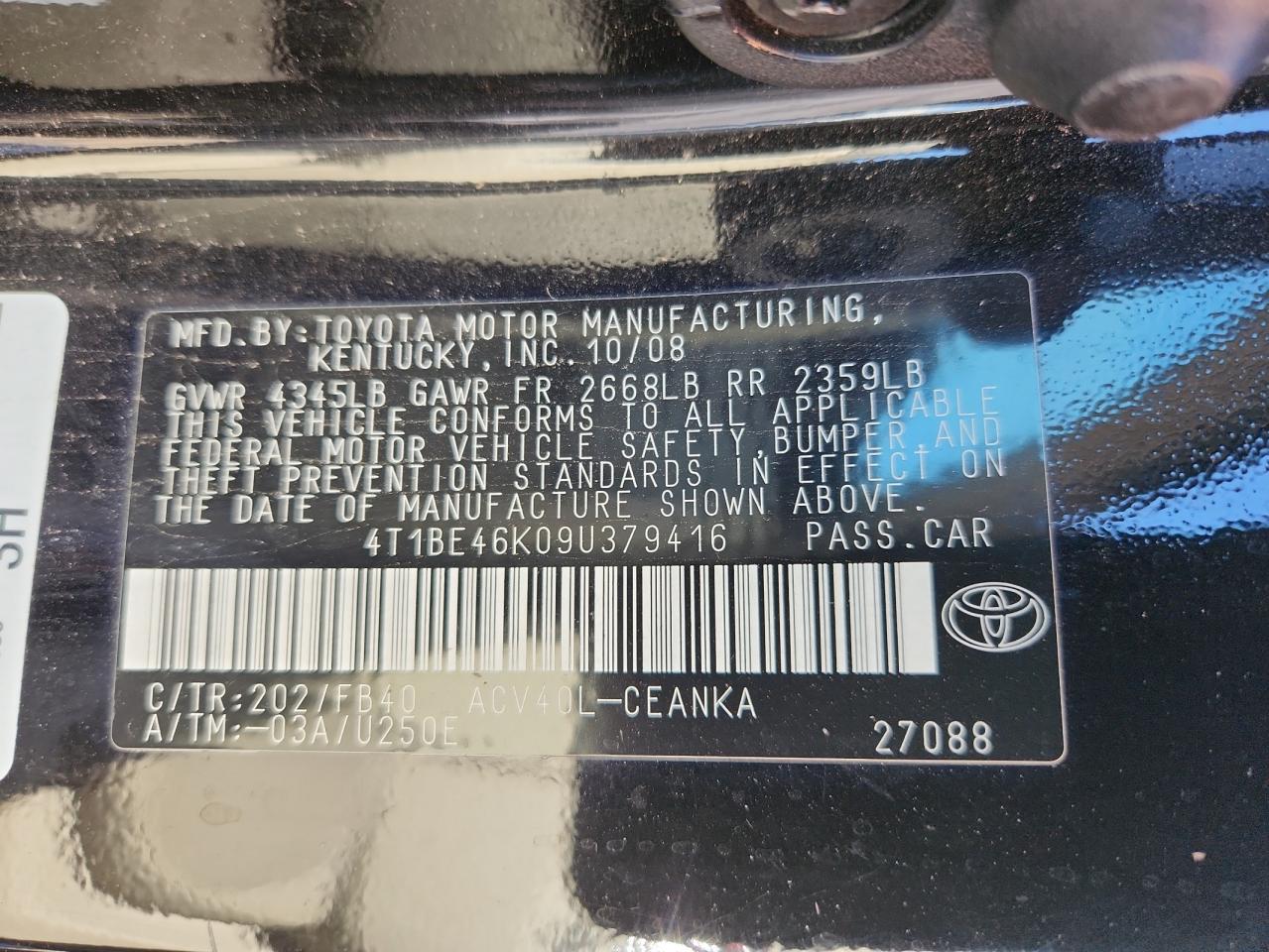 2009 Toyota Camry Base VIN: 4T1BE46K09U379416 Lot: 84560775