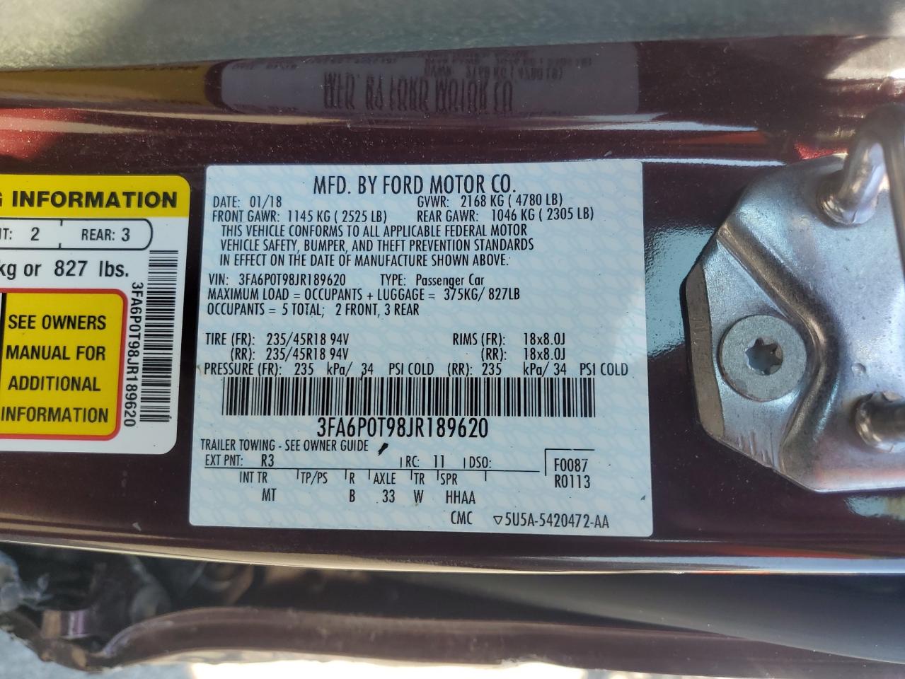 2018 Ford Fusion Se VIN: 3FA6P0T98JR189620 Lot: 80307255