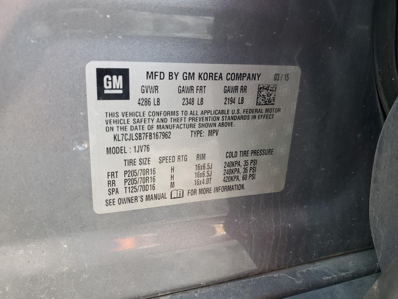 2015 Chevrolet Trax 1Lt VIN: KL7CJLSB7FB167962 Lot: 71390375