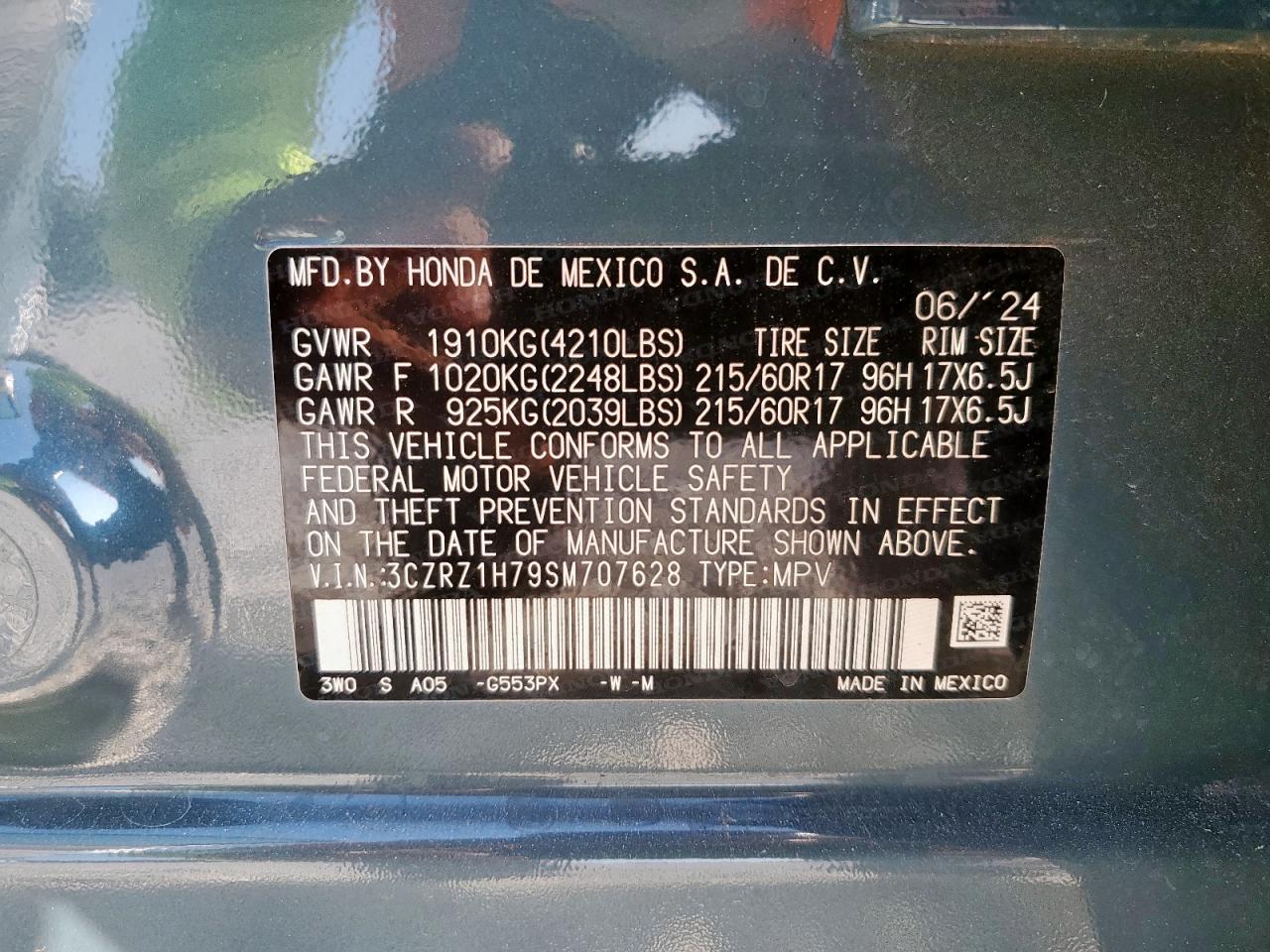 2025 Honda Hr-V Exl VIN: 3CZRZ1H79SM707628 Lot: 71822275